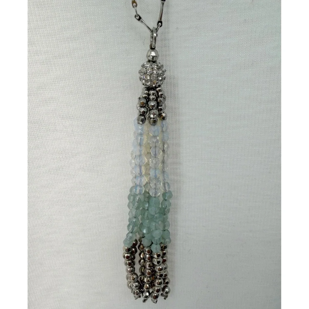 Loft Silver Tone Long Station Chain Beaded Tassel Necklace Green Clear 103-198